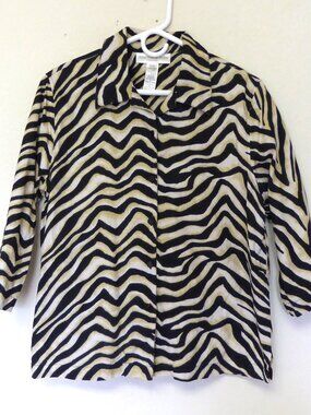 Jones New York sport black tan cream zebra print linen shirt top size large